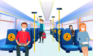 This is a graphic of commuters on public transit wearing masks and social distancing. The seats are marked off to prevent them from sitting too close.