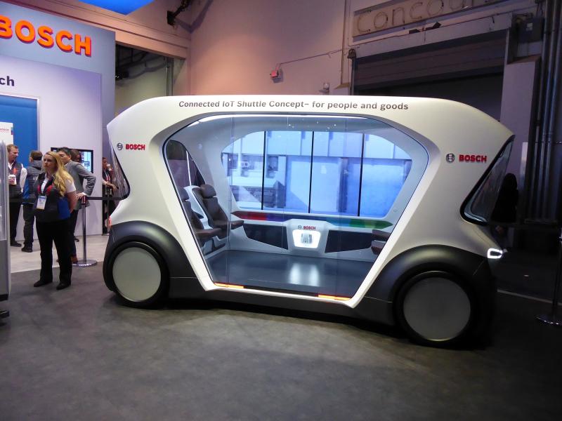 Bosch's shuttle concept at CES. Pod-type people movers are in these days. A company called Transdev, also displaying at CES, is running short-range autonomous shuttles in locations as varied as Normandy, France; Montreal, Canada; and Gainesville, Florida. (Jim Motavalli photo). 